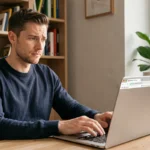 Homme cherchant à accéder à un site web bloqué depuis son bureau à domicile