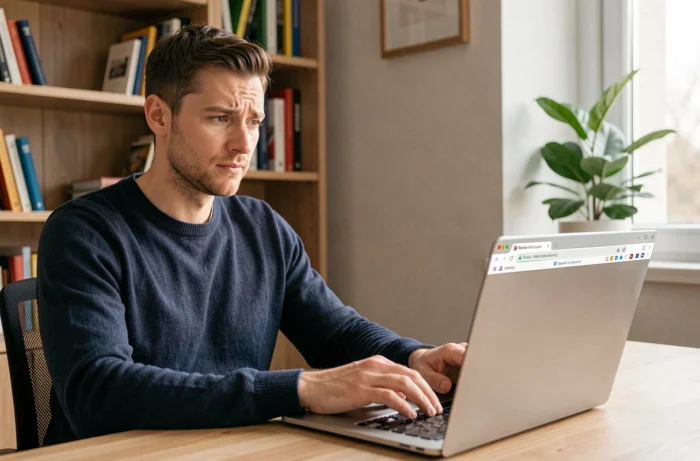 Homme cherchant à accéder à un site web bloqué depuis son bureau à domicile
