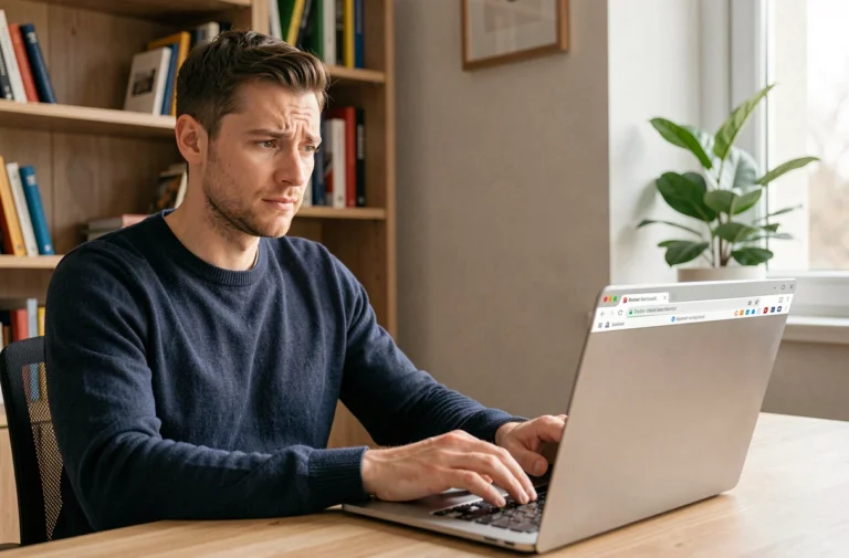 Homme cherchant à accéder à un site web bloqué depuis son bureau à domicile