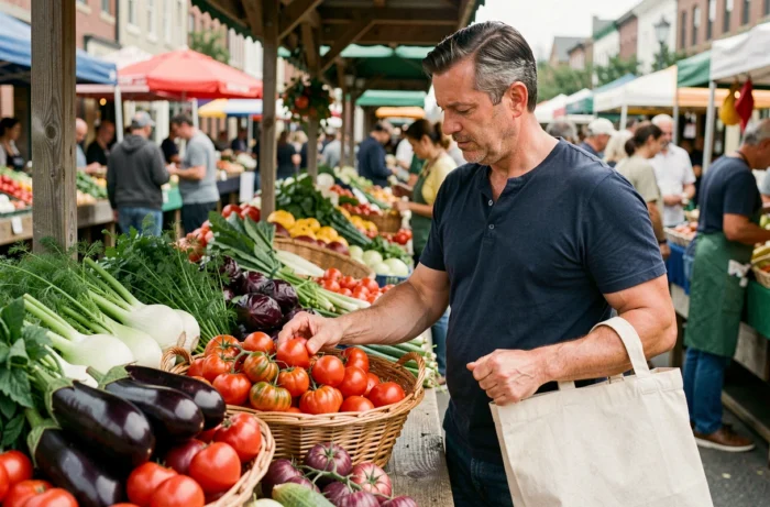 Homme choisissant des légumes frais et de saison sur un marché fermier pour cuisiner végétarien