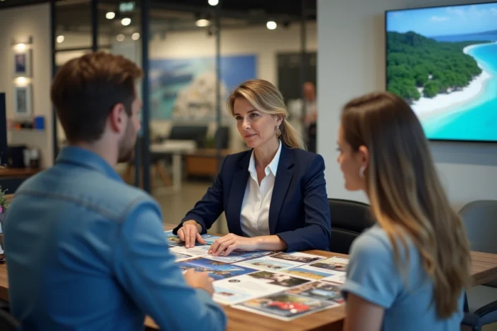 Conseillère en voyage présentant des offres de vacances en package à des clients dans une agence de voyages moderne, marché concurrentiel du tourisme