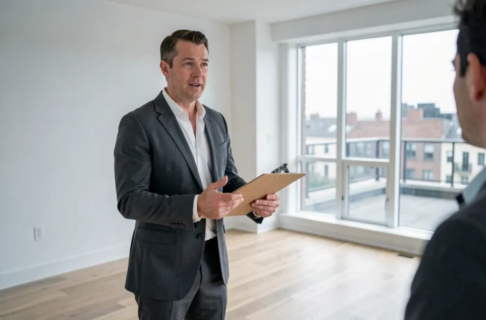 Agent immobilier présentant un appartement vide à louer à un potentiel locataire