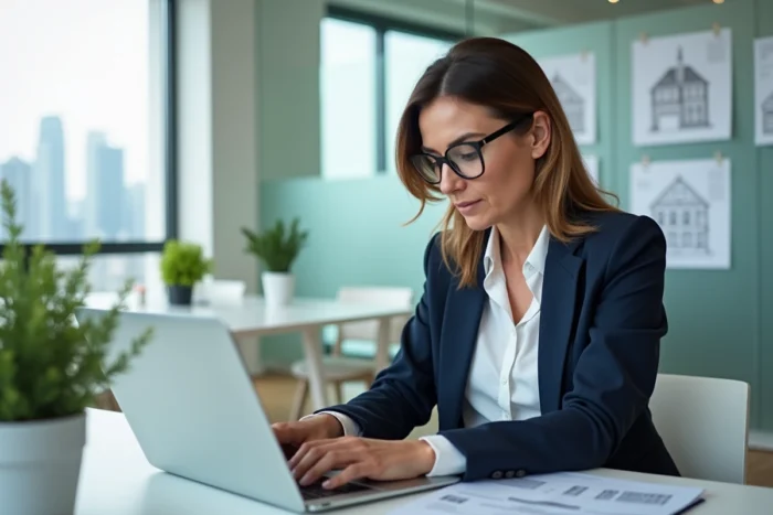 Femme professionnelle de l'immobilier consultant des documents de transaction sur un ordinateur portable dans un bureau moderne