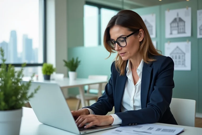 Femme professionnelle de l'immobilier consultant des documents de transaction sur un ordinateur portable dans un bureau moderne