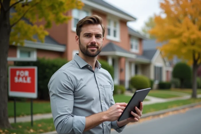 Agent immobilier présentant une propriété à vendre avec une tablette affichant une plateforme d'optimisation de transactions immobilières