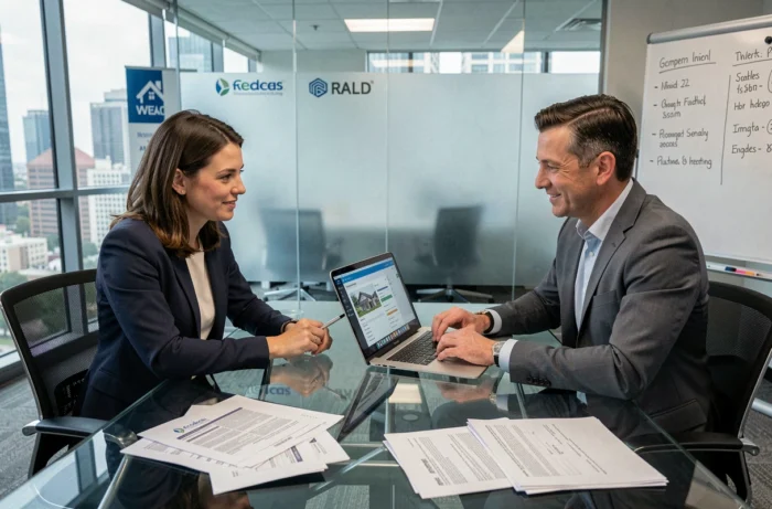 Deux agents immobiliers collaborant sur une plateforme de gestion de documents contractuels en agence