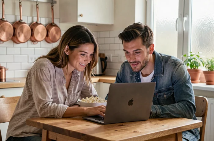 Deux amis cherchant comment regarder Game of Thrones gratuitement en streaming sur un ordinateur portable dans une cuisine