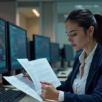 Analyste financière comparant des codes boursiers EPA et CRI sur des écrans de trading dans un bureau professionnel