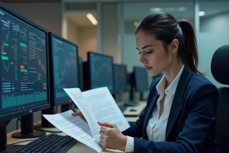 Analyste financière comparant des codes boursiers EPA et CRI sur des écrans de trading dans un bureau professionnel