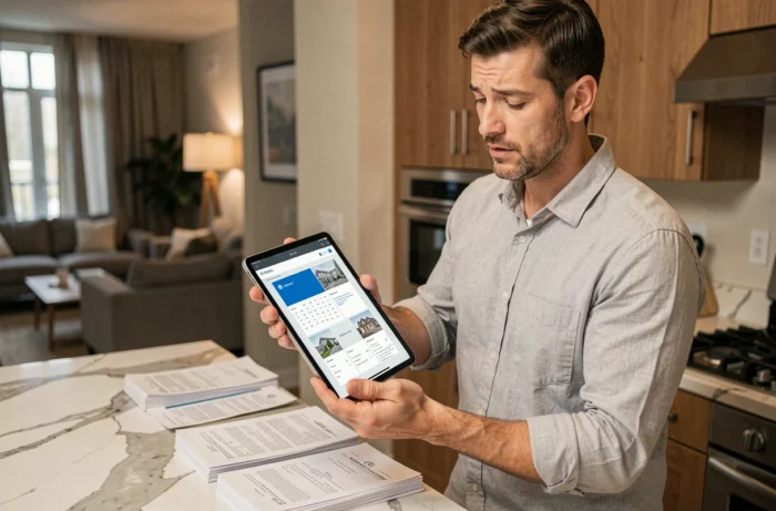 Homme consultant une application de gestion de documents immobiliers sur une tablette dans un appartement moderne