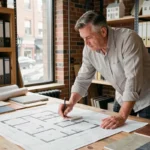 Architecte masculin étudiant des plans de construction sur une grande table de travail dans un studio professionnel