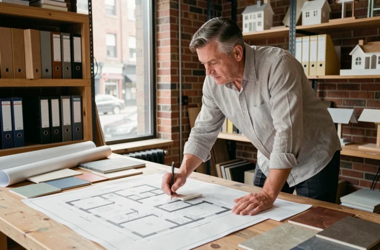Architecte masculin étudiant des plans de construction sur une grande table de travail dans un studio professionnel