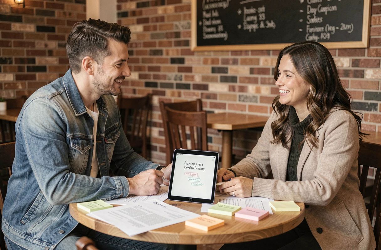Deux associés discutant d'un plan d'affaires à petit budget autour d'une table de café avec des documents et une tablette