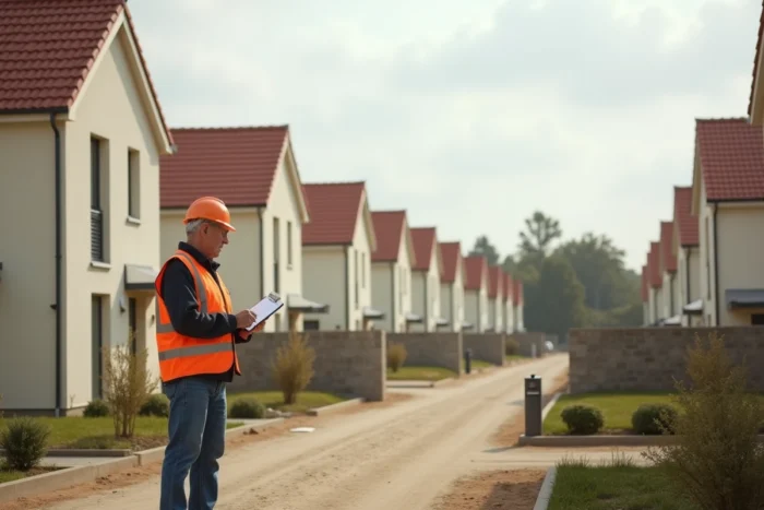 Responsable de chantier devant un lotissement de maisons neuves réalisé par Bassac en France