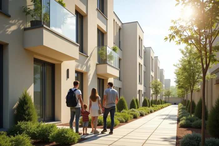 Famille devant un immeuble résidentiel moderne livré par Bouygues Immobilier en banlieue française