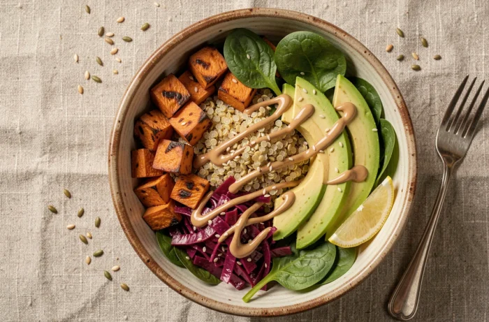 Buddha bowl végétarien coloré avec quinoa, patate douce rôtie et avocat dans un bol en céramique rustique