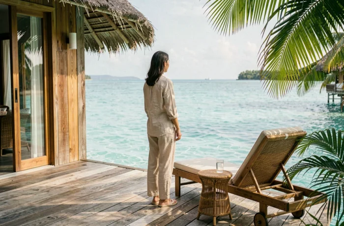 Femme en tenue de lin sur la terrasse d'un bungalow sur l'eau face à un lagon turquoise tropical