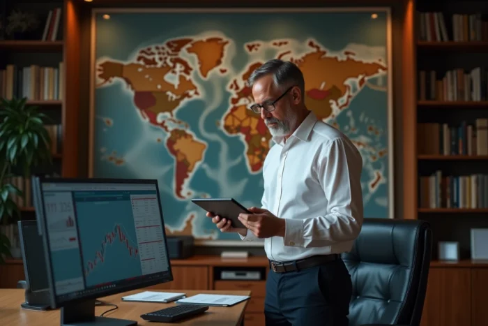 Cadre dirigeant consultant l'actualité économique sur une tablette dans un bureau exécutif privé
