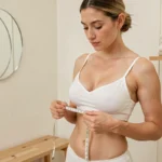 Femme mesurant son tour de poitrine avec un mètre ruban dans une cabine d'essayage de lingerie Etam