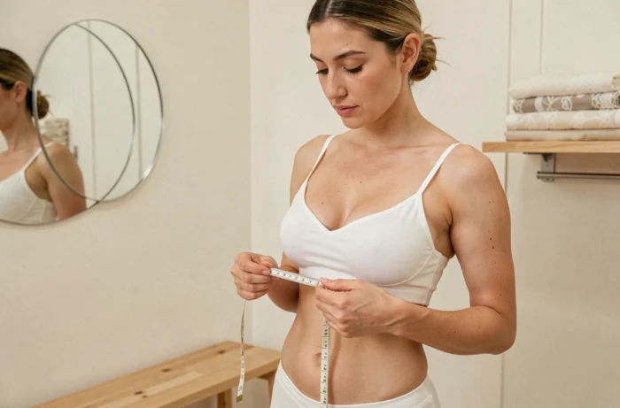 Femme mesurant son tour de poitrine avec un mètre ruban dans une cabine d'essayage de lingerie Etam