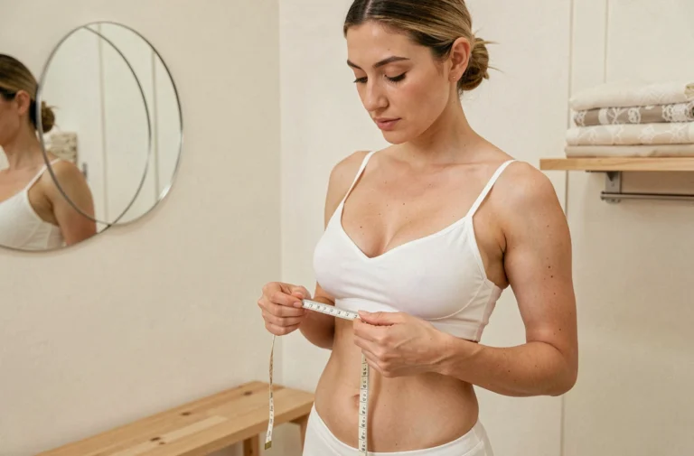 Femme mesurant son tour de poitrine avec un mètre ruban dans une cabine d'essayage de lingerie Etam
