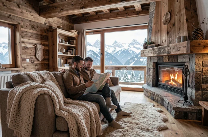 Couple étudiant une carte dans un chalet de montagne chaleureux avec vue sur les Alpes enneigées