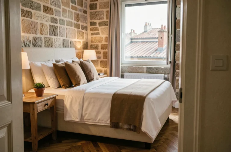 Chambre de boutique-hôtel avec lit en lin blanc, murs en pierre et vue sur les toits d'une ville européenne
