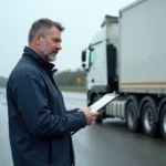 Chauffeur routier masculin en veste de travail bleue consultant ses documents devant un camion semi-remorque blanc sur une aire d'autoroute française