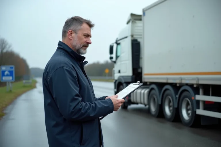 Chauffeur routier masculin en veste de travail bleue consultant ses documents devant un camion semi-remorque blanc sur une aire d'autoroute française