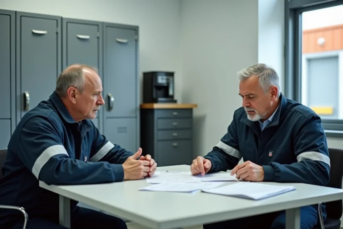 Deux chauffeurs routiers en uniforme de travail discutant de fiches de paie et de plannings autour d'une table dans une salle de pause d'entreprise de logistique