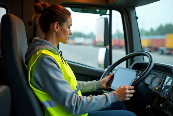 Chauffeuse routière en gilet haute visibilité jaune consultant une tablette numérique dans la cabine d'un camion de transport longue distance