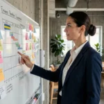 Une cheffe de projet debout devant un tableau blanc avec des notes et un diagramme de Gantt dans un bureau moderne