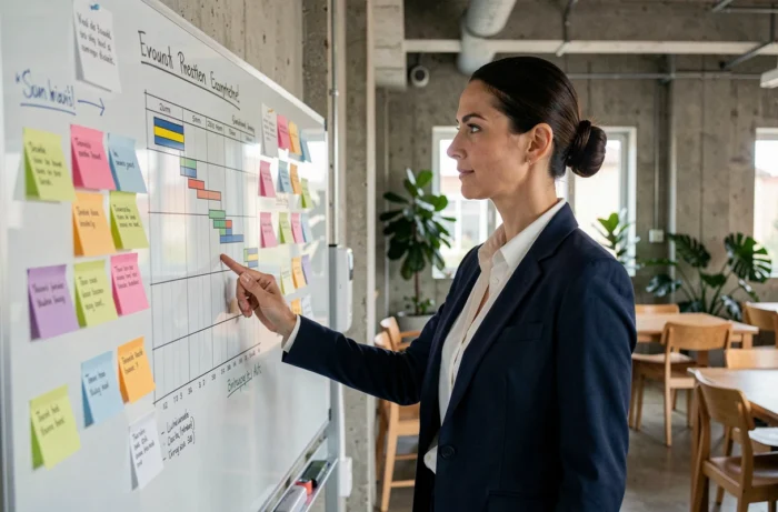 Une cheffe de projet debout devant un tableau blanc avec des notes et un diagramme de Gantt dans un bureau moderne