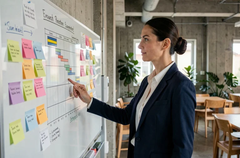 Une cheffe de projet debout devant un tableau blanc avec des notes et un diagramme de Gantt dans un bureau moderne