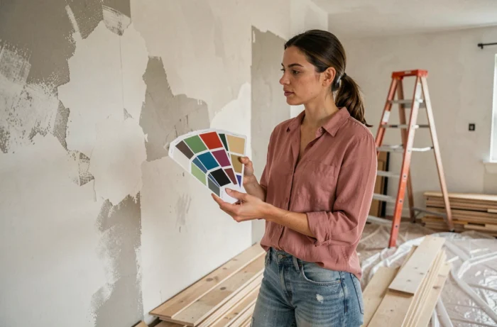 Femme choisissant des teintes de peinture dans une pièce en cours de rénovation avec murs en plâtre brut