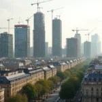 Vue panoramique d'une skyline urbaine française mêlant immeubles haussmanniens et tours résidentielles modernes en construction