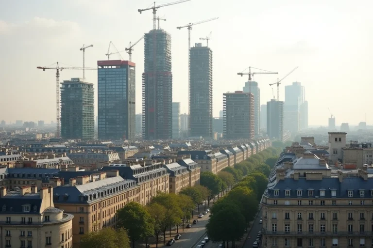 Vue panoramique d'une skyline urbaine française mêlant immeubles haussmanniens et tours résidentielles modernes en construction