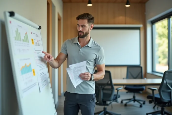 Coach en bien-être masculin présentant des ressources de programme santé devant un tableau blanc dans une salle de formation moderne