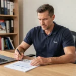 Coach sportif à domicile examinant des documents officiels et légaux dans un bureau moderne