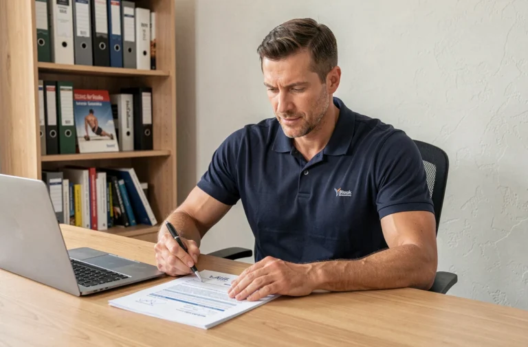 Coach sportif à domicile examinant des documents officiels et légaux dans un bureau moderne
