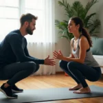 Coach sportif à domicile guidant une cliente lors d'une séance de squat dans un salon moderne