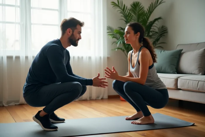 Coach sportif à domicile guidant une cliente lors d'une séance de squat dans un salon moderne