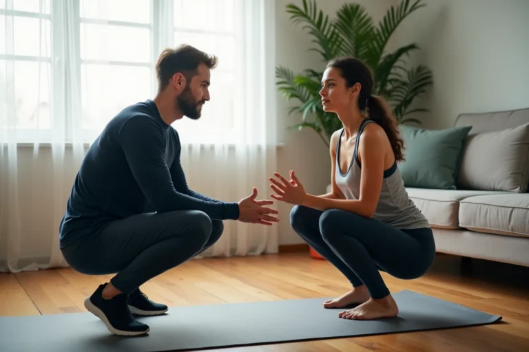 Coach sportif à domicile guidant une cliente lors d'une séance de squat dans un salon moderne