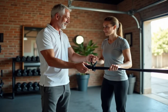 Coach sportif supervisant un exercice avec élastique de résistance dans un garage aménagé en salle de sport à domicile