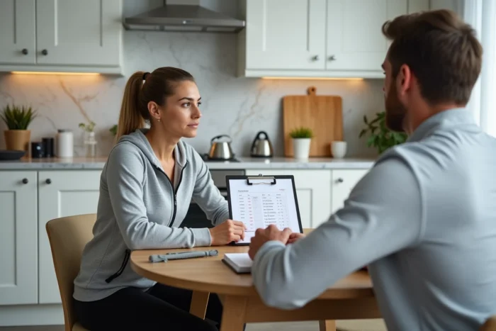 Coach sportive à domicile en consultation avec un client autour d'un plan d'entraînement personnalisé dans une cuisine