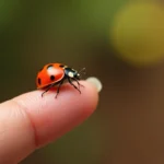 Coccinelle rouge posée sur le doigt d'une femme, symbole spirituel de chance et de bon augure