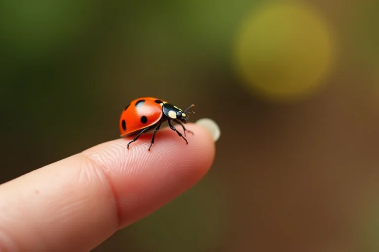 Coccinelle rouge posée sur le doigt d'une femme, symbole spirituel de chance et de bon augure