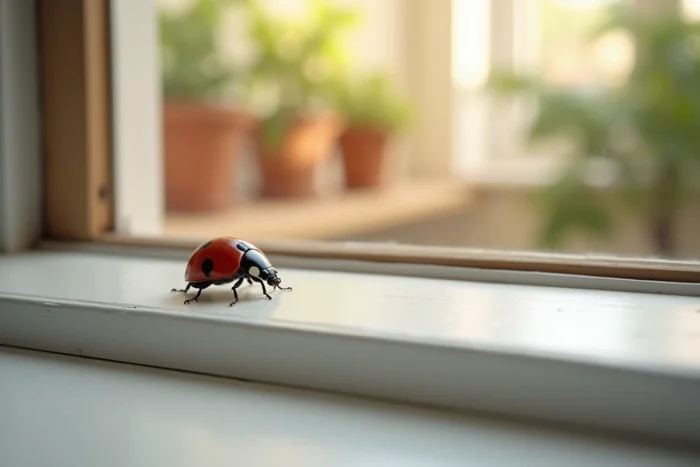 Coccinelle sur un rebord de fenêtre à l'intérieur d'une maison, message spirituel et symbolisme