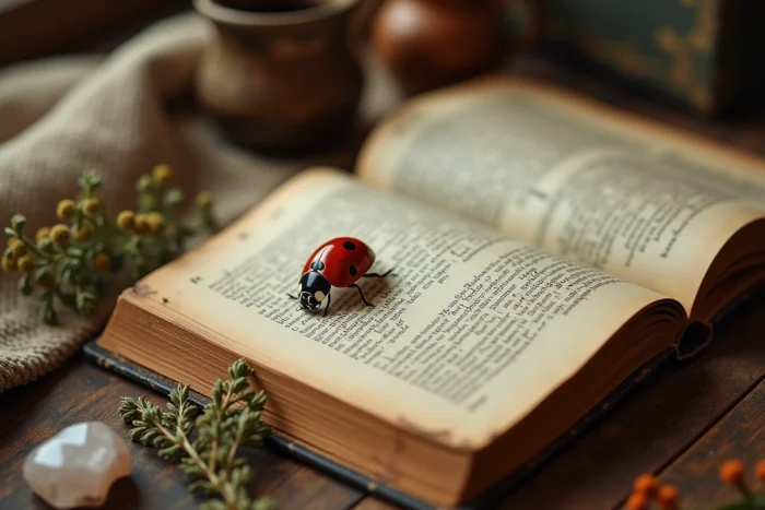 Coccinelle sur un livre ouvert entouré d'objets spirituels, symbolisme et signification ésotérique