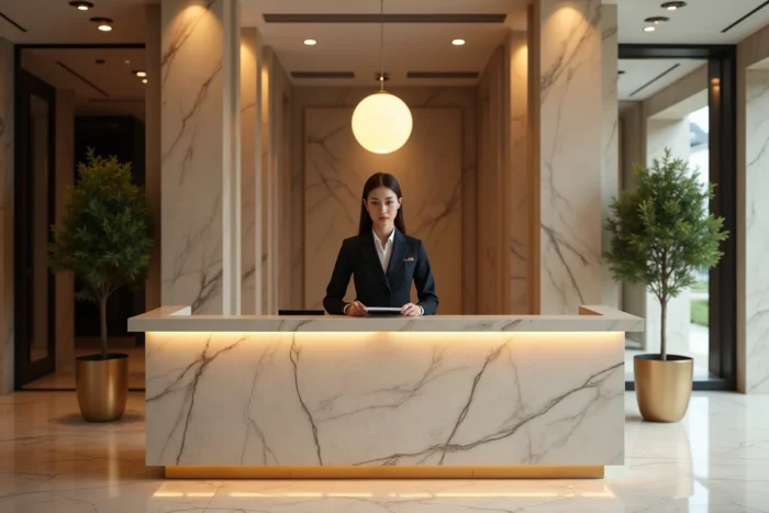 Hall d'entrée luxueux d'une résidence haut de gamme Cogedim avec une concierge en poste à l'accueil